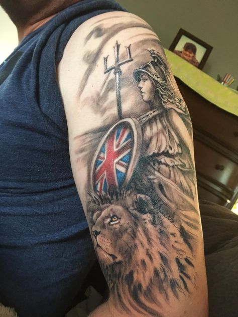 Union Jack Lion Tattoo, Three Lions Tattoo England, Britannia Tattoo, England Flag Tattoo, British Flag Tattoo, Lady Britannia, England Tattoo Ideas, British Tattoo Ideas, British Army Tattoo