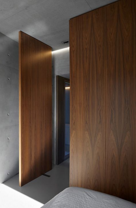 Concrete + wood. by Minus                                                                                                                                                                                 More Walnut Interior, Frameless Door, Walnut Doors, Minimalist Home Interior, Interior Design Themes, Diy Ikea, Pivot Doors, Concrete Wood, Modern Door