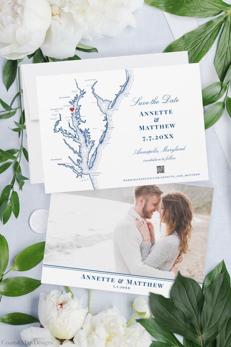 Coastal Save The Date Ideas, Coastal Wedding Save The Date, Coastal Save The Date, Coastal Wedding Invitations, Chesapeake Bay Wedding, Map Wedding Invitation, Annapolis Maryland, Annapolis Wedding, Water Wedding