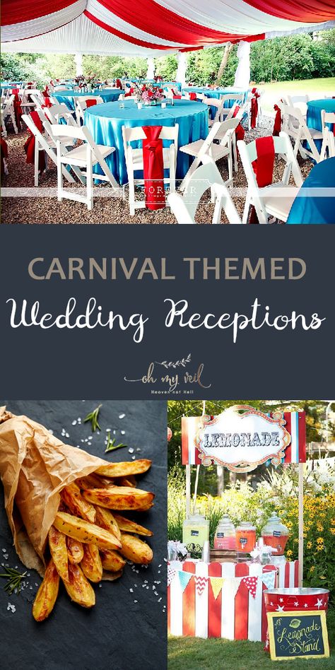 Carnival Themed Wedding Receptions ~ Oh My Veil-all things wedding-ideas, tips, and tricks Carnival Centerpieces, Carnival Themed Wedding, Carnival Wedding Theme, Vintage Carnival Wedding, Themed Wedding Reception, Wedding Carnival, Wedding Brunch Reception, Themed Wedding Ideas, Wedding Reception Themes