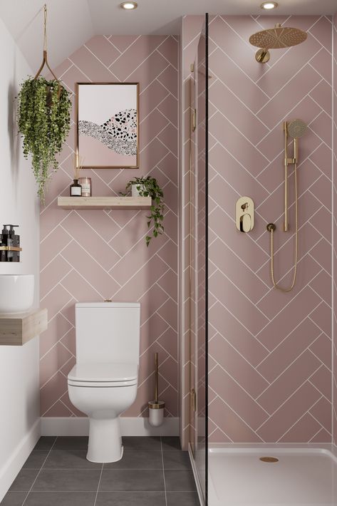 Colour In Bathroom, Colored Tile Bathroom, Ensuite Shower Room Ideas, En Suite Ideas, Calming Bathroom, Tiny Bathtub, Modern Pink Bathroom, Pink Tile Bathroom, Bathroom Revamp