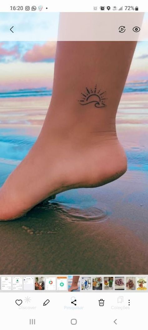 Sun Over Waves Tattoo, Small Tattoos For Beach Lovers, Small Wave And Sun Tattoo, Sunrise Beach Tattoo, Cute Small Beach Tattoos, Lake Sunset Tattoo, Henna Tattoo Designs Beach, Wave Tattoo On Foot, Ocean Wave Tattoos For Women