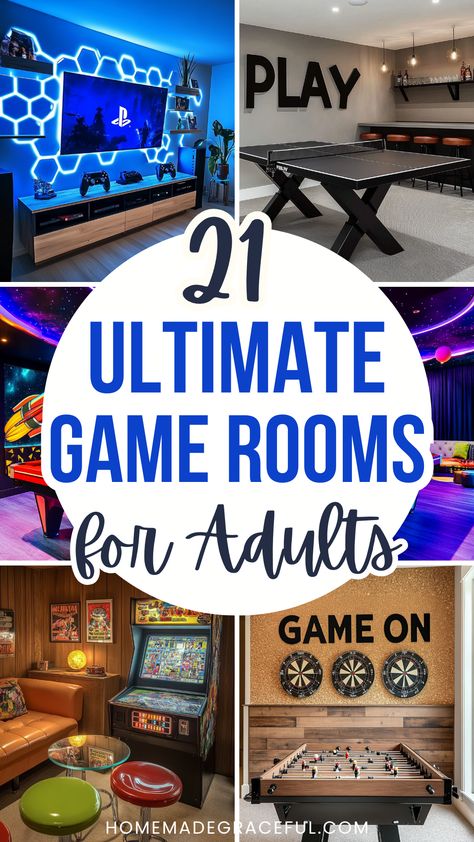 game room ideas for adults Living Room Ideas Gamer, Video Game Area In Basement, Man Caves On A Budget, Small Basement Entertainment Room, Mens Gamer Bedroom Ideas, Game Room Makeover, Home Casino Room, Game Room Setup Ideas, Dining Room Turned Game Room