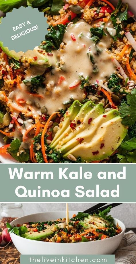 Quinoa Kale Sweet Potato, Kale And Bulgur Salad, Dino Kale Salad Recipes, Kale And Peppers Recipe, Kale Grain Bowl, Tahini Quinoa Salad, Kale Superfood Salad, Spinach And Quinoa Salad, Kale And Quinoa Bowl