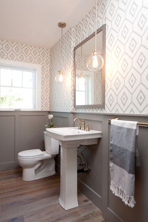 Jaime Rose-Modern Farmhouse Bathroom - Copy Makeover Kamar Mandi, Paneling Ideas, Wainscoting Bathroom, Farmhouse Bathroom Decor Ideas, Wallpaper Bathroom, Bad Inspiration, Decor Baie, Modern Farmhouse Bathroom, Downstairs Bathroom