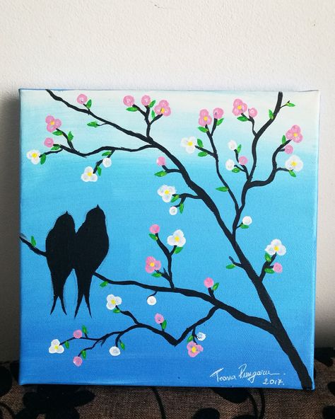 Birds On Tree Painting, Birds In A Tree Painting, Easy Birds Painting, Birds Painting Acrylic Canvases, Easy Bird Painting Acrylics, Humming Bird Painting Acrylics, Simple Bird Painting, Bird Painting Easy, Easy Bird Painting