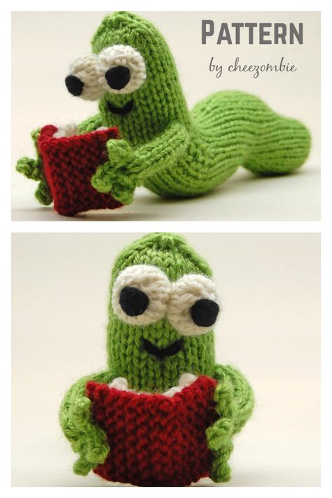 Bookworm Amigurumi Plush Toy Knitting Pattern Grinch Knitting Pattern Free, Knitted Frog Pattern Free, Free Knitting Patterns Toys Easy, Knit Decorations, Knit Gifts, Wool Toys, Knitted Toys Free Patterns, Knit Toys, Knitted Teddy Bear