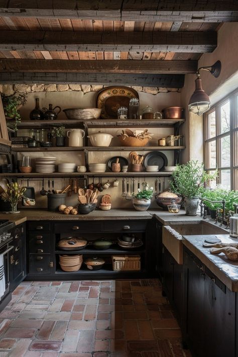 Modern Witch House, Farmhouse Gothic, Dark Academia Kitchen, Gothic Rainbow, Rustic Theme Wedding, Academia Interior, Farmhouse Kitchen Designs, Moody Farmhouse, Gothic Farmhouse