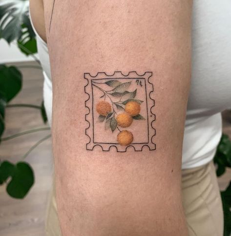 Orange Postage Stamp Tattoo, Orange Plant Tattoo, Mandarin Orange Tattoo, Italy Themed Tattoos, Florida Stamp Tattoo, Orange Stamp Tattoo, Italy Stamp Tattoo, Mandarin Tattoo, Mediterranean Tattoo