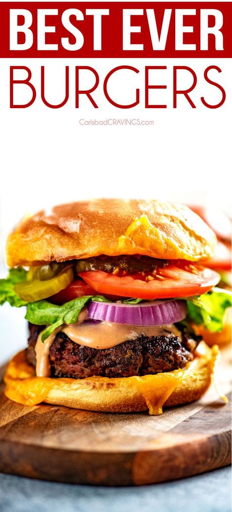 The Best Burger recipe on your table in minutes!  Tender, juicy, flavorful, infused with seasonings and either topped with cheese or sandwiched in between toasted cheddar jalapeno buns!  #burger #burgerrecipe #hamburger #cheeseburger via @carlsbadcraving Cheesy Buns, Hamburger Recipes For Dinner, Best Burger Recipe Ever, Best Hamburger Recipes, Burgers On The Stove, Best Homemade Burgers, Best Burger Recipe, Cheeseburger Recipe, The Best Burger