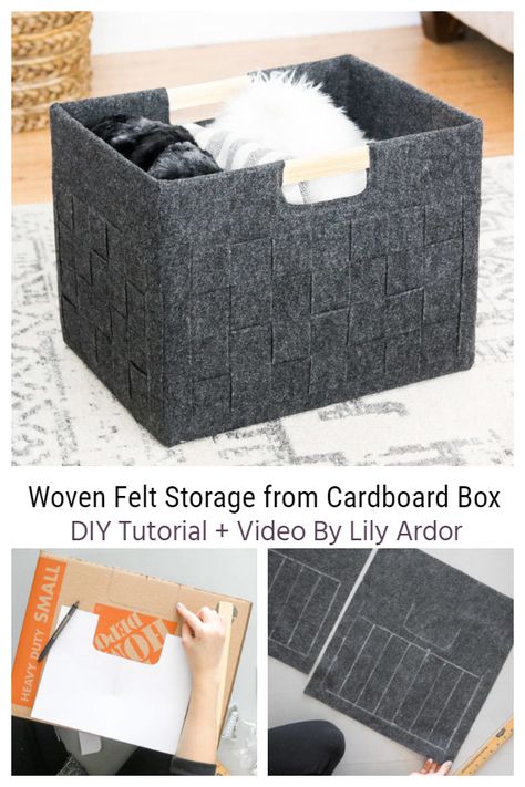 Woven Felt Cardboard Box Storage DIY Tutorial + Video | Fabric Art DIY Diy Storage Bins, Cardboard Box Storage, Storage Baskets Diy, Cardboard Storage, Diy Storage Boxes, Cube Storage Bins, Fabric Storage Bins, Fabric Boxes, Diy Basket