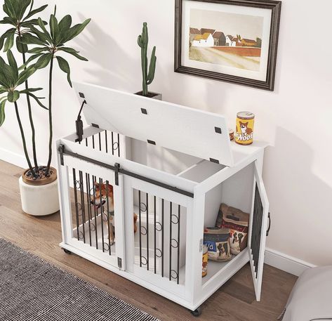 Rophefx Dog Crate Furniture with Sliding Door, Dog Kennel Indoor with Partition for Two Puppies, Dog Cage with Flip-up Top and Wheels, Chew-Resistant Wooden Double Dog Crate, White Dog Cage Furniture, Indoor Sliding Doors, 2 Puppies, Double Dog Crate, Dog Crate Table, Wood Dog House, Two Puppies, Indoor Dog House, Wooden Dog Crate