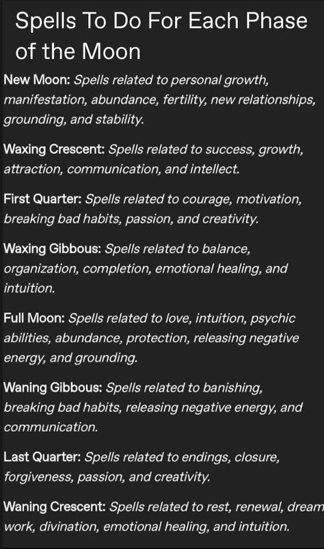 Spells Moon Phases, Moon Phases Spell Work, Moon Phases Spells, Moon Phases And Spells, Moon Phases Wicca, Spells For Waning Crescent Moon, Moon Spells Book, Moon Phases In Witchcraft, Full Moon Chants