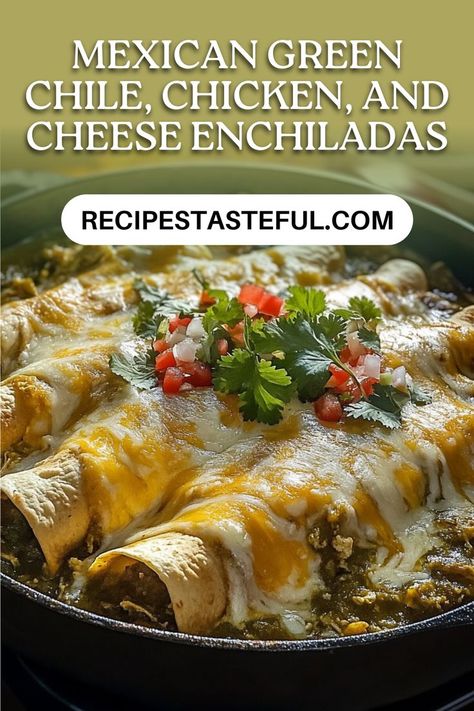 These delicious enchiladas are filled with tender shredded chicken and topped with a flavorful green chile sauce and melted cheese. Perfect for a cozy family dinner! Turkey Enchiladas Green Sauce, Green Chili Turkey Enchiladas, Chile Relleno Enchiladas, Chicken Enchiladas With Green Sauce, Chicken And Cheese Enchiladas, Green Chicken Enchilada Casserole, Chicken Cheese Enchiladas, Green Chili Chicken Enchiladas, Chili Enchiladas