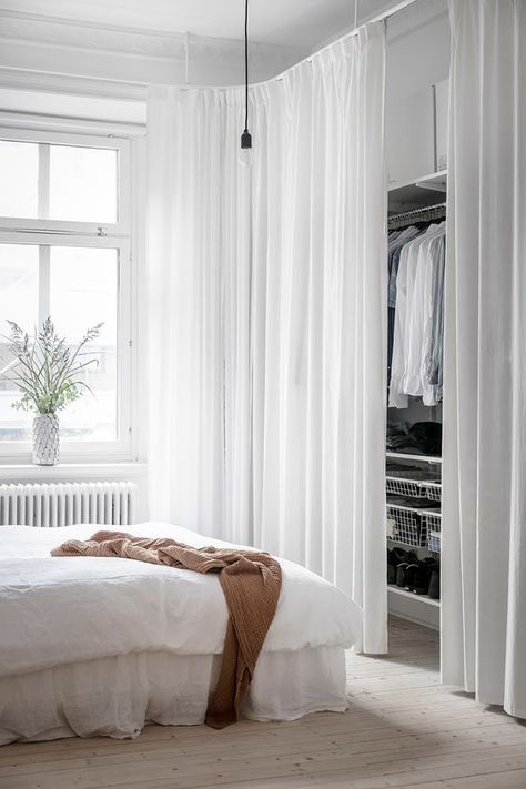 Unveiling the Beauty of Closet Curtains – redboth.com Curtain Wardrobe, Dressing Pas Cher, Swedish Apartment, Closet Curtains, White Bedroom Design, Open Wardrobe, Closet Door, Bedroom Wardrobe, Minimalism Interior