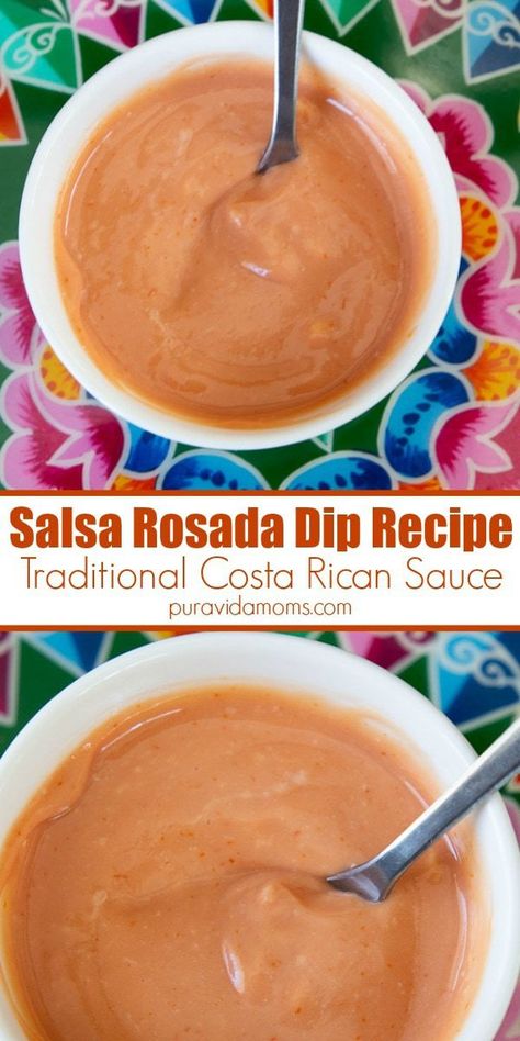 This dipping sauce is the perfect appetizer to go with french fries, patacones, tostones, fried plantains, yuca and more. Costa Rican recipe from Central American and popular throughout Latin America and the Caribbean. Salsa Rosada Recipe, Empanada Sauce Recipe, Latin Appetizers, Yuca Fries, French Fry Sauce, Argentine Recipes, Costa Rican Food, Fried Plantains, Salsa Recipes