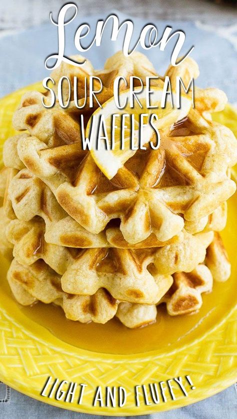 This recipe for lemon waffles made with sour cream are light and fluffy with the perfect amount of tang. Cake Recipes Lemon, Sour Cream Waffles, Lemon Waffles, Best Waffle Recipe, Sour Cream Pancakes, Waffle Maker Recipes, Fluffy Waffles, Best Breakfast Recipes, Savory Breakfast