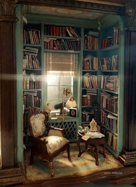 Bookshelf Miniature Scene, Library Dollhouse, Cottagecore Dollhouse, Miniature Bookstore, Dark Academia Interior, Dream Home Library, Miniature Library, Miniature Bookshelf, Room Box Miniatures