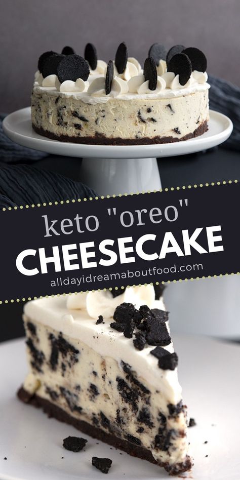 Collage of keto cookies and cream cheesecake with a photo of the whole cake on the top and a photo of a slice cut out on the bottom. Black Cocoa Powder, Cookies And Cream Cheesecake, Black Cocoa, Sugar Free Cheesecake, Sugar Free Recipes Desserts, Low Carb Low Fat Recipes, Losing 40 Pounds, Low Carb Cheesecake, Sugar Free Cookies