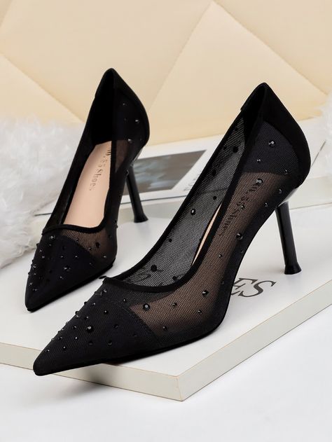 Sheer Mesh Stiletto Heeled Court Pumps | SHEIN Trendy High Heels, Black Stiletto Heels, Bridal Wedding Shoes, Fancy Hats, Glitter Shoes, Bow Shoes, Retro Shoes, Elegant Shoes, Fashion Heels