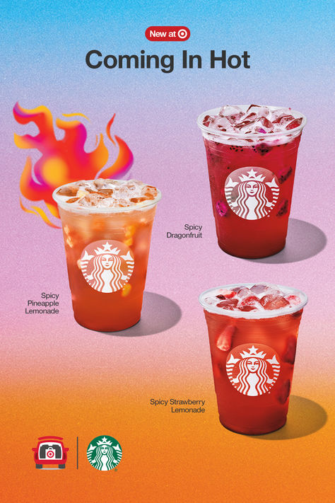 Your fruity flavors made spicy hot. Try the new Spicy Lemonade Refreshers & turn on the heat, this season. Go for the Spicy Pineapple, Spicy Dragonfruit or Spicy Strawberry. Get your order & go-to drink delivered to your car.  Try it now in the Target App. Curbside delivery available at select cafés. Strawberry Lemonade Starbucks Drinks, Peach Juice Starbucks Drinks, Summer Berry Lemonade Starbucks, Strawberry Peach Starbucks Drink, Pink Drink With Peach Juice Starbucks, Starbucks Refreshers, How To Order Starbucks, Starbucks Drinks Recipes, Starbucks Recipes