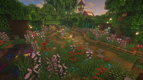 Minecraft Enchanted Forest Ideas, Minecraft Giant Flowers, Minecraft Moodboard, Minecraft Pathways Design, House Plans Minecraft, Minecraft Garden Ideas, Garden Minecraft, Fairy Town, Minecraft Garden