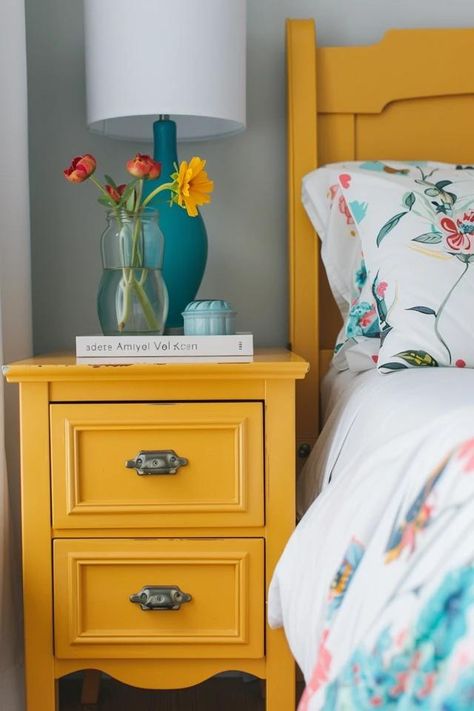 Bringing Color to Bedrooms: Painted Nightstand Ideas Painted Nightstand Ideas, Yellow Nightstand, Yellow Bedroom Furniture, Painted Nightstand, Nightstand Ideas, Nightstand Makeover, Unique Nightstand, Painted Night Stands, Dark Wood Furniture