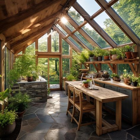 Greenhouse Attached To Kitchen, Wood Stove In Greenhouse, Greenhouse Kitchen Ideas, Greenhouse Gardening Layout, Stone Greenhouse, Timber Frame Greenhouse, Kitchen Greenhouse, Greenhouse Kitchen, Diy Greenhouse Plans