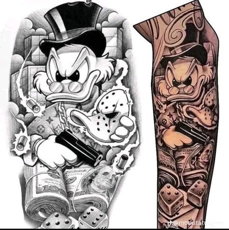 Filled Tattoo, Chicano Tattoos Sleeve, Evil Tattoo, Half Sleeve Tattoos Drawings, Gangsta Tattoos, Chicano Style Tattoo, Men Tattoos Arm Sleeve, Chicano Tattoo, Cartoon Character Tattoos