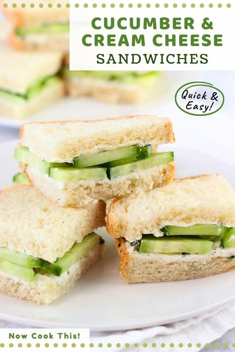 These quick and easy cucumber sandwiches with cream cheese, chives and dill are a fresh and light classic finger sandwich with a subtle ranch-flavored vibe that's perfect for brunch, afternoon tea, baby or bridal showers. But you don't need a special occasion to enjoy them, because they're also great for lunch or as a snack. Get the recipe and try them! Easy Cucumber Sandwiches, Cucumber Sandwiches With Cream Cheese, Cucumber Dill Sandwiches, Cucumber And Cream Cheese, Sandwiches With Cream Cheese, Cucumber Cream Cheese Sandwiches, Cucumber Sandwiches Recipes, Finger Sandwich, Cream Cheese Sandwiches