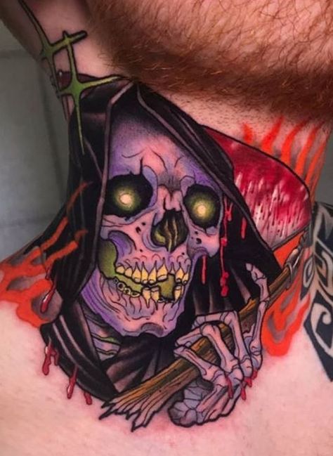 110 Unique Grim Reaper Tattoos You’ll Need to See - Tattoo Me Now Reaper Neck Tattoo, Neo Traditional Horror Tattoo, Sick Hand Tattoos, Grim Reaper Tattoos, Fairy Tale Tattoo, Full Neck Tattoos, Mangas Tattoo, See Tattoo, Evil Tattoo