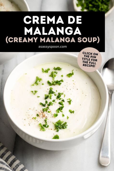 Indulge in the rich, velvety flavor of Crema de Malanga, a Cuban classic made with malanga root. Perfect meal, appetizer, and a must-try for everyone! Malanga Root, Root Recipes, Cuban Dishes, Cuban Cuisine, Cuban Recipes, Vegetarian Soup, Latin Food, Caribbean Recipes, Yummy Dips