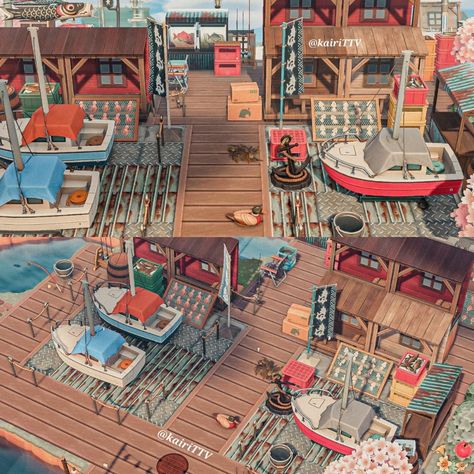 Japanese Theme Acnh, Acnh Port Town, Ponyo Animal Crossing, Acnh Ponyo, Acnh Sakura, Animal Crossing Fish, Yacht Ideas, Japanese Neighborhood, Japanese Town