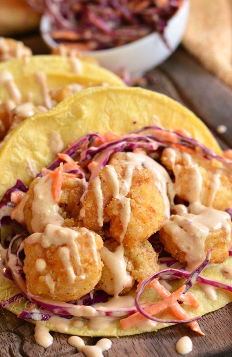 Chipotle Chili Crispy Shrimp Tacos Crispy Shrimp Tacos, Chipotle Shrimp, Will Cook For Smiles, Fajita Marinade, Spicy Shrimp Tacos, Red Cabbage Slaw, Shrimp Taco Recipes, Popcorn Shrimp, Spicy Tacos