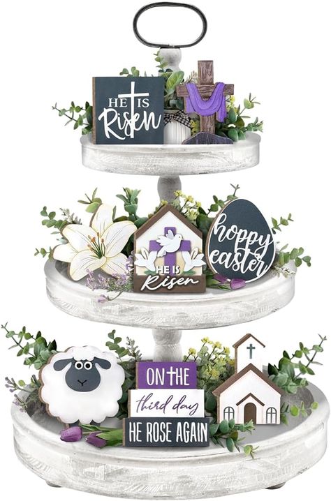 Amazon.com: Guoofu Easter Tiered Tray Decor, Farmhouse Tray Decorations, Happy Easter He is Risen Cross Eggs Lily Sheep Religious Wooden Signs, Rustic Easter Faith Decor for Home Table Shelf Mantel Church Party : Home & Kitchen Happy Easter He Is Risen, Farmhouse Tray Decor, He Is Risen Cross, Decorations For Table, Easter Tiered Tray, Fake Food Props, Rustic Easter, Farmhouse Tray, Sell Ideas