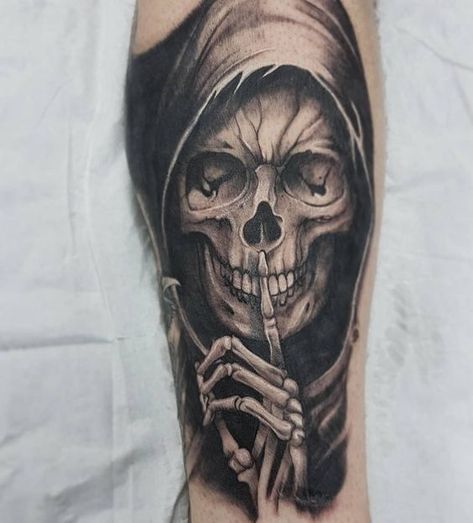 Evil Skull Tattoo, Chicano Tattoos Sleeve, Skull Hand Tattoo, Grim Reaper Tattoo, Reaper Tattoo, Skull Sleeve Tattoos, Skull Sleeve, Evil Tattoos, Saved Tattoo