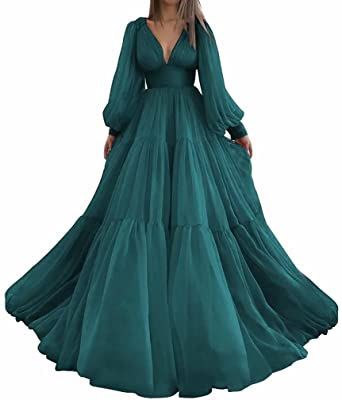 Puffy Sleeve Prom Dress, Sleeve Prom Dress, Dresses V Neck, Gown For Women, Womens Wedding Dresses, Evening Party Gowns, Tulle Ball Gown, A Line Prom Dresses, Prom Girl