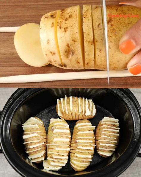 With only 3 ingredients, make a unique and delectable potato dinner Slow Cooker Kitchen, Slow Cooker Potatoes, Crock Pot Potatoes, Potato Dinner, Hasselback Potatoes, Easy Potato Recipes, Potato Recipes Side Dishes, Potato Sides, Salisbury Steak