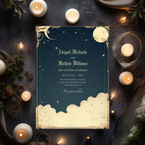 Vintage Celestial Moon and Stars Mystical Wedding Invitation Mystical Wedding, Celestial Wedding Invitations, Vintage Celestial, Celestial Wedding, Vintage Wedding Invitations, Moon And Stars, Marry You, Wedding Invitation Templates, Hat Crafts