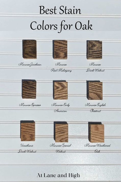 Today I want to share with you the best wood stains for oak. There are many different colors out there from many manufacturers. I have examples of top colors on pieces of oak for you to see exactly how they take each stain so you can decide which one is right for your project! Wood Stain Color Chart, Oak Kitchen Cabinets Wall Color, Furniture Stain, Best Wood Stain, Oak Floor Stains, Oak Wood Stain, Minwax Dark Walnut, Wood Finishing, Floor Stain