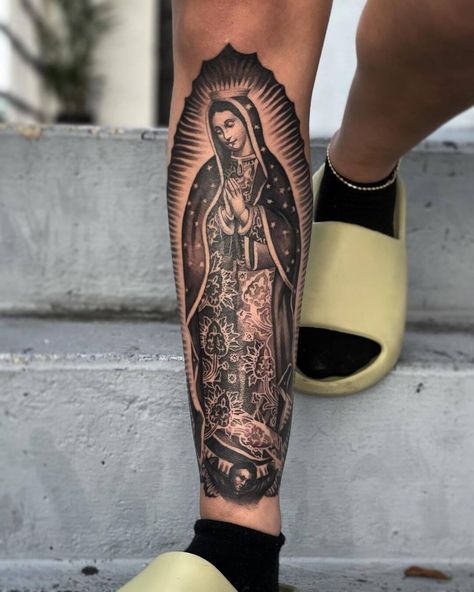 #Tattoos,La Virgen De Guadalupe Tattoo Tattoo Pierna Hombre, Virgen De Guadalupe Tattoo Ideas, Guadalupe Tattoo, Mother Mary Tattoos, Religion Tattoos, Aztec Tattoos Sleeve, Virgin Mary Tattoo, Aztec Tattoos, Mexican Tattoo