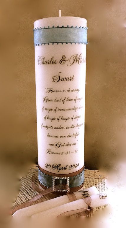 Personalised wedding candle with wording and verse, order yours from www.babooschka.co.za Personalised Wedding Candles, Wedding Candle, Personalised Wedding, Wedding Candles, Talenti Ice Cream, Personalized Wedding, Pillar Candles, Ice Cream, Candles