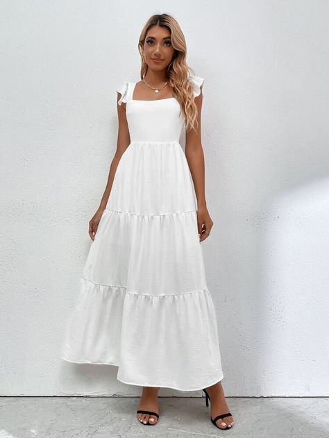 White Simple Dress Long, White Dresses Flowy, Long White Dresses Casual, How To Style White Dress Casual, Simple Long Summer Dress, Long White Summer Dress Outfit, Women’s White Dress, Floaty White Dress, White Maxi Dress Outfit Casual