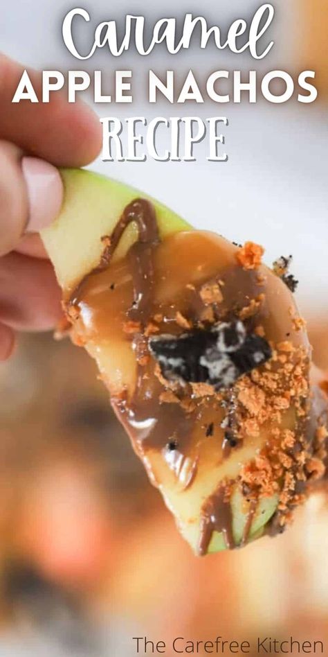 These Apple Nachos are a quick and easy dessert to satisfy your sweet tooth with very little preparation. Crisp apple slices are drizzled with homemade caramel sauce, then covered in crushed Oreos, chopped candy bars and any of your other favorite toppings. #thecarefreekitchen #dessert #caramel #apple #nachos #caramelsauce #oreos #candy #halloween Caramel Apple Nachos, Apple Nachos Recipe, Apple Nachos, Creamy Pie, Pantry Recipes, Apple Slice, Sliced Apples, Easy Sweets, Homemade Caramel Sauce