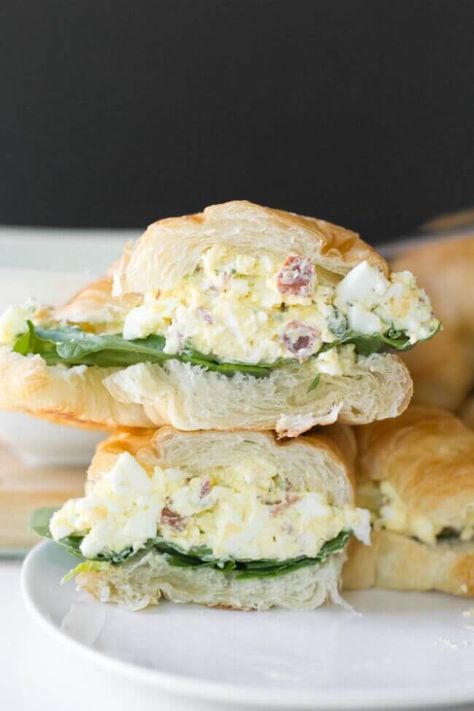 Best Egg Salad Sandwich Ever. Eggs, bacon, chives, Cheddar, cream cheese, and mayo served on a croissant with fresh spinach. ♥ Spaceships and Laser Beams Best Egg Salad Sandwich Recipe, The Best Egg Salad, Salad Sandwich Recipe, Egg Salad Sandwich Recipe, Best Egg Salad Recipe, Celery Recipes, Egg Salad Sandwich, Egg Salad Sandwiches, Egg Salad Recipe