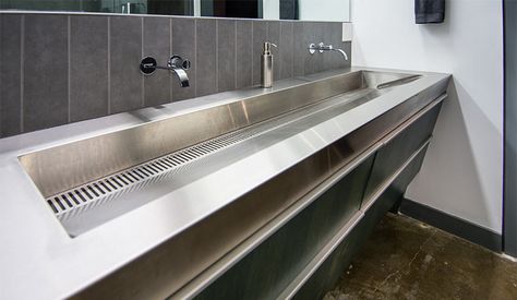 Custom fabricated stainless steel sink with two wall mounted faucets and one linear drain in downtown Des Moines loft remodel by Silent Rivers Restaurant Sink Design, Powder Room Trough Sink, Small Bedroom Interior Design, Wall Mount Trough Sink Bathroom, Trough Sink Bathroom, Stainless Steel Wash Basin, Loft Remodel, Stainless Steel Bathroom Sink, Hospital Project