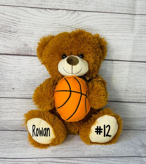 PLEASE READ FULL DESCRIPTION PLEASE READ SIZE! Personalized Basketball Bear (basketball is attached to bear} with name and year   10" Bear seated $31.75 (basketball made with felt and thread) Name and year is heat transfer vinyl What you put in the personalization section is exactly what will be on your plush animal. If you only put a name there will only be a name. if you do not include a year in the personalization section the plush will not have a year. **Letters and Numbers Only  No Symbols Birthday Gifts For Basketball Boyfriend, What To Get Your Boyfriend For Christmas Ideas, Basketball Bf Gifts, Basketball Boyfriend Gifts, Basketball Basket For Boyfriend, Burr Basket For Boyfriend, Basketball Basket Gift Ideas, Basketball Gifts For Boyfriend, Boyfriend Basket Ideas