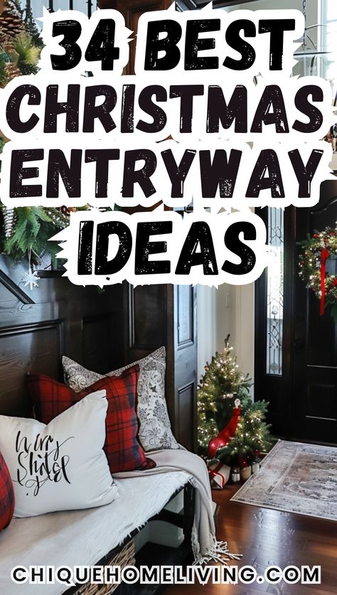 Are you looking to step up your decor game and wow your guests this holiday season? Discover our curated Christmas entryway decor ideas that will transform your entryway into a festive retreat! Christmas Entry Ways, Hall Tree Christmas Decorating Ideas, Christmas Decor Ideas Banister, Long Entry Way Wall Decor Ideas, Christmas Decor Foyer Entryway, Christmas Decor For Entryway Table, Diy Christmas Entryway Decor, Transitional Christmas Decor Ideas, Entryway Ideas For Christmas