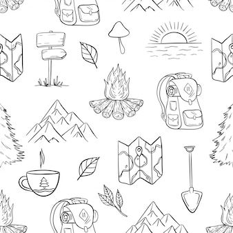 Premium Vector | Cute camping and hiking seamless pattern with doodle or hand drawn style Bd Design, Travel Elements, Travel Doodles, Cute Camping, Camping Journal, Hiking Photos, Scrapbook Patterns, Diy Photo Book, Hiking Tattoo