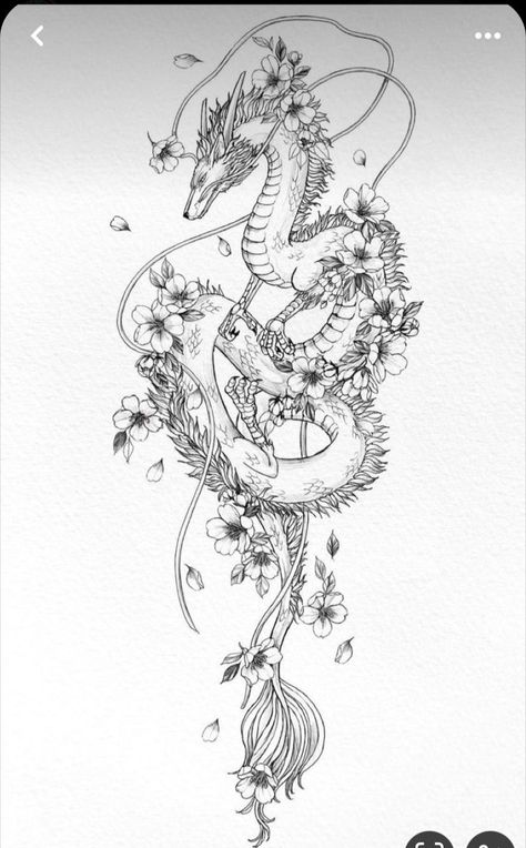 Open Sleeve Tattoo Woman, Sakura Dragon Tattoo, Haku Leg Tattoo, Lucky Dragon Tattoo, Dragon Vine Tattoo, Haku Tattoo Design, Haku Dragon Tattoo, Dragon Tattoo With Flowers, Sakura Dragon